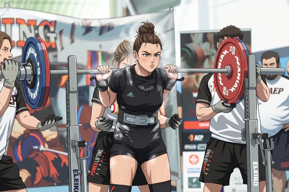 Ilustración anime de Irene haciendo una sentadilla con barra en competición